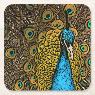 Peacock Splendour Illustration Square Paper Coaster