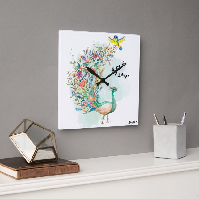 peacock square wall clock (Office)