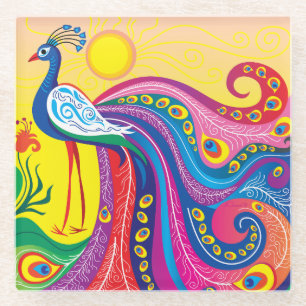 Peacock Sunrise Glass Coaster