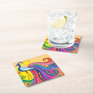 Peacock Sunrise Square Paper Coaster