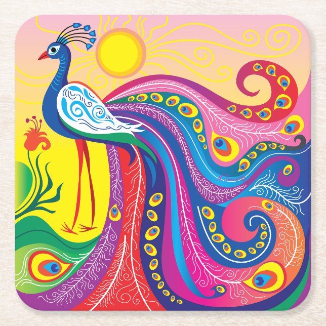 Peacock Sunrise Square Paper Coaster (Front)