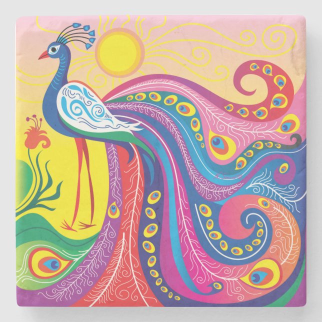 Peacock Sunrise Stone Coaster (Front)