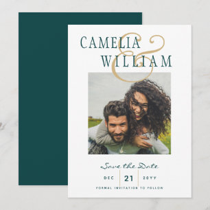 Peacock Teal Green Gold PHOTO Save the Date Invitation