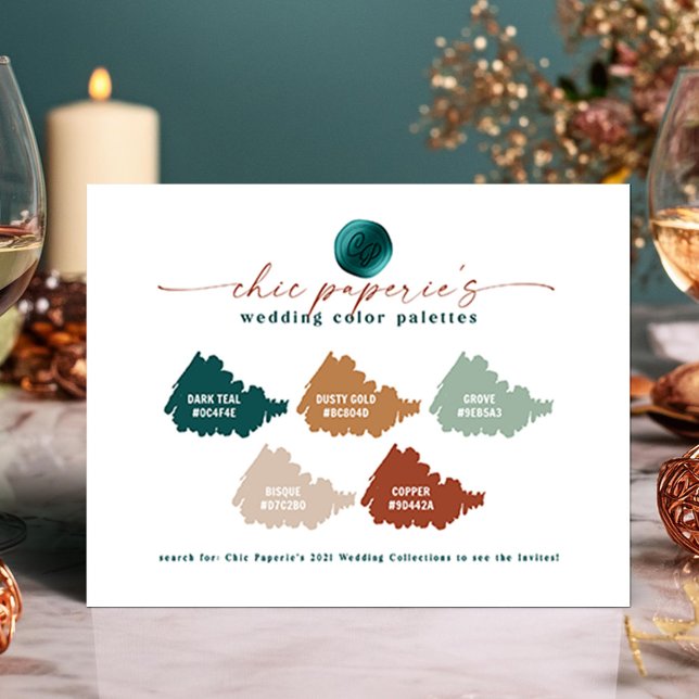 Peacock Teal Green Gold Wedding Colour Palette Car (Teal and Copper Abstract Wedding Color Palette Card)