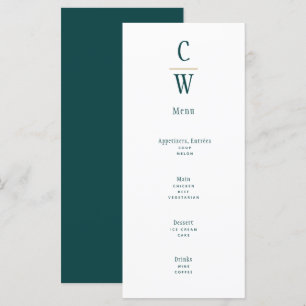 Peacock Teal Green Gold Wedding Monogrammed Menu