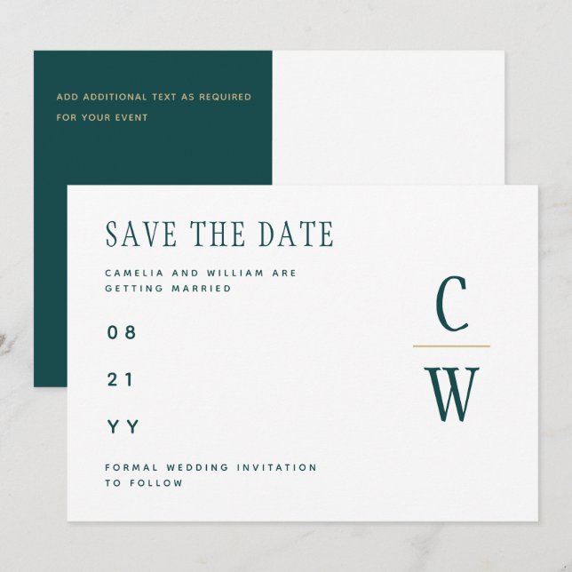 Peacock TEAL Green Gold Wedding SAVE THE DATE  (Front/Back)