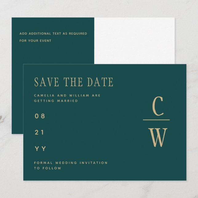 Peacock TEAL Green Gold Wedding SAVE THE DATE  (Front/Back)