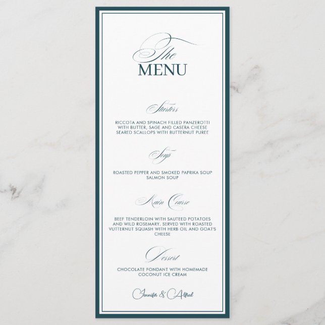 Peacock Teal Old Money Wedding Dinner Menu Card (Front)