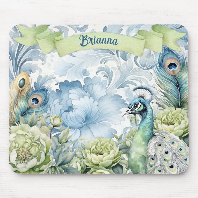 Peacock Teal & Sage Feathers Floral Personalised  Mouse Pad (Front)