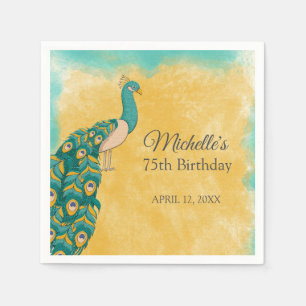 Peacock Teal Yellow 75th Birthday  Napkin