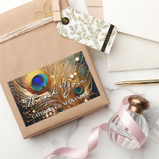 Peacock thank you wedding feathers plumage rectangular sticker