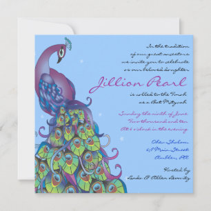 Peacock Theme Bat Mitzvah Invitation Invite blue