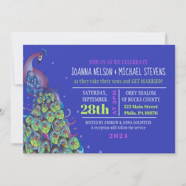 Peacock Theme Wedding Invitation Party Invite Blue (Front)