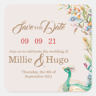 Peacock Theme Wedding invitation Square Sticker