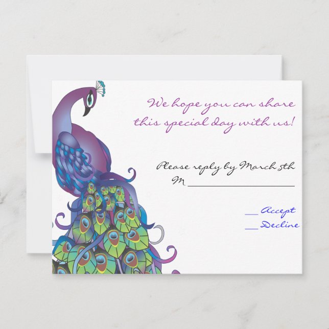 Peacock Theme Wedding Reply card Invite Blue (Front)
