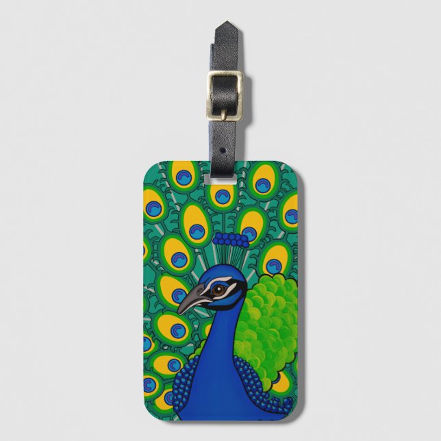 Peacock themed luggage tag (Front Vertical)