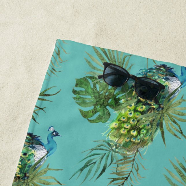 Peacock & Tropical Leaves Beach Towel (In Situ)