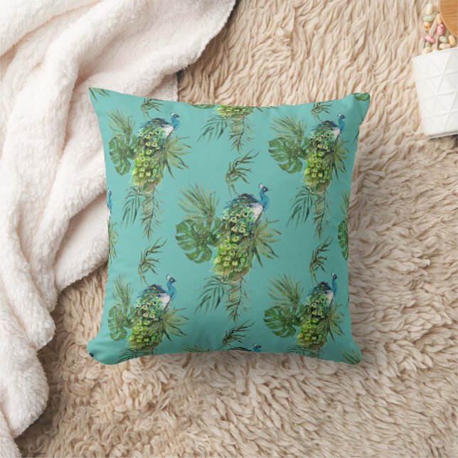 Peacock & Tropical Leaves Pattern Cushion (Blanket)