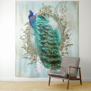 Peacock turquoise vintage shabby bird tapestry