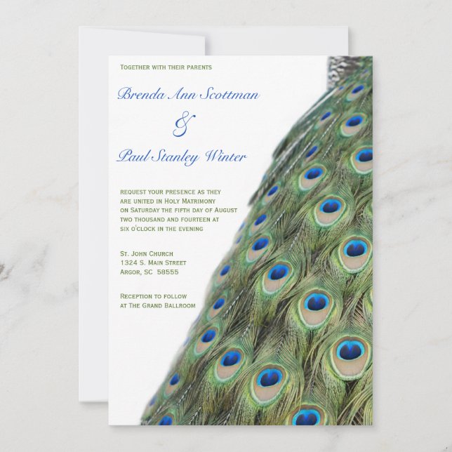 Peacock Vertical Wedding Invitation (Front)