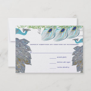 Peacock Vintage 3 Feathers with 2 Peacocks RSVP Card