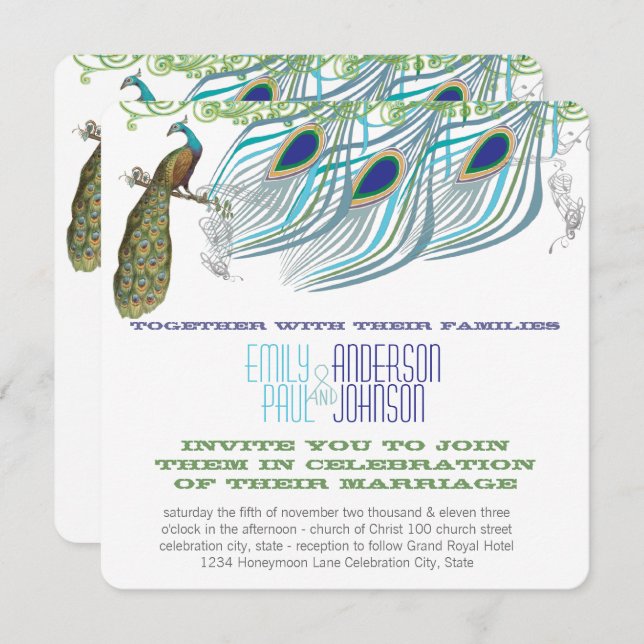 Peacock Vintage 3 Feathers with Peacock Invitation (Front/Back)