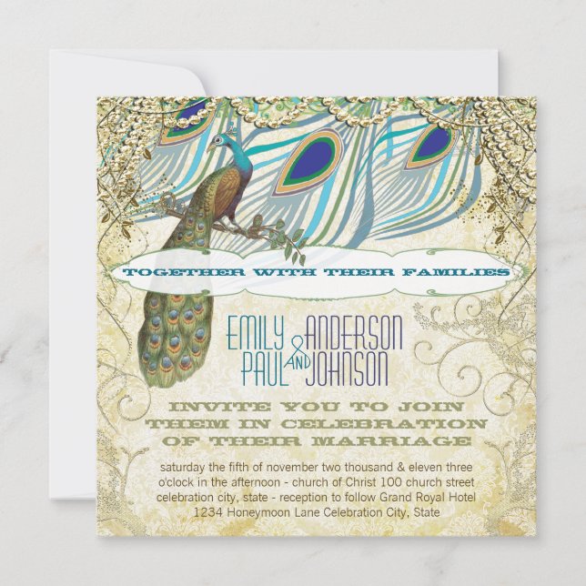 Peacock Vintage 3 Feathers with Peacock Invitation (Front)