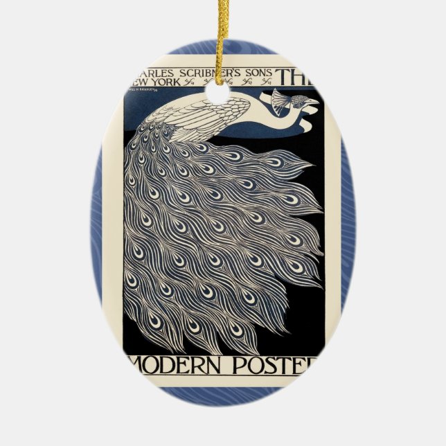 Peacock Vintage Blue Art Nouveau Art Ceramic Tree Decoration (Front)