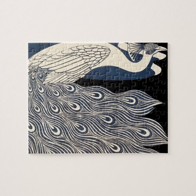 Peacock Vintage Blue Art Nouveau Art Jigsaw Puzzle (Horizontal)