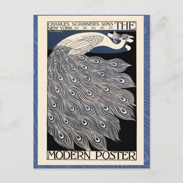 Peacock Vintage Blue Art Nouveau Art Postcard (Front)