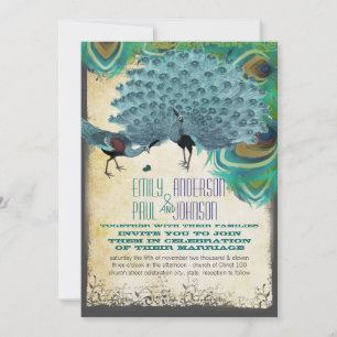 Peacock Vintage Feather Swirl Burnt Edge Parchment Invitation