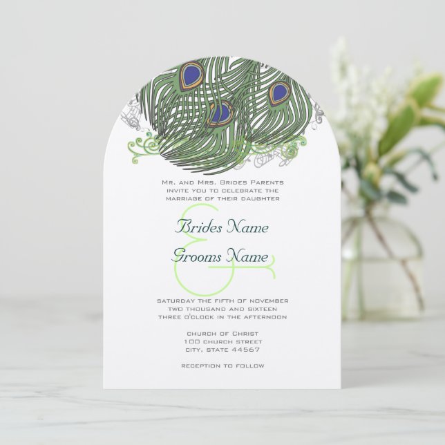 Peacock Vintage Feathers Invitation (Standing Front)