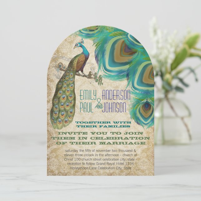Peacock Vintage Feathers with Peacock Invitation (Standing Front)