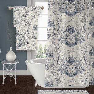 Peacock Vintage French Toile Blue Rooster n Rabbit Shower Curtain