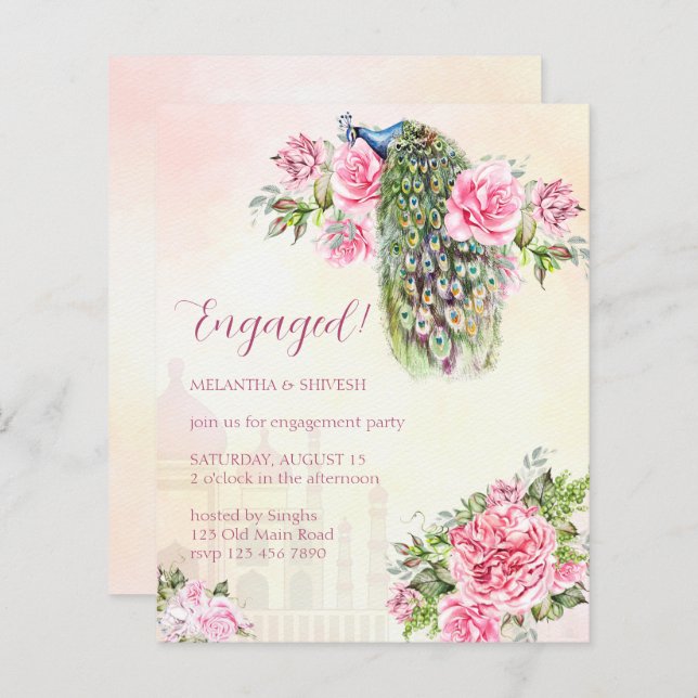 Peacock vintage roses engagement budget invite (Front/Back)