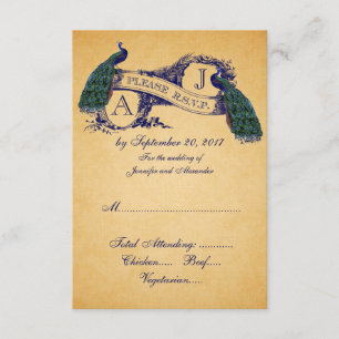 Peacock Vintage Wedding RSVP CARD Blue