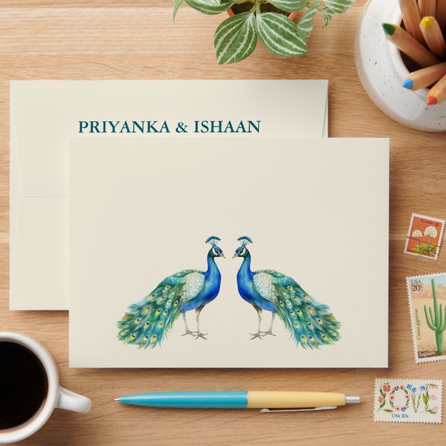 Peacock Watercolor Art Deco Hindu Wedding Envelope (Desk)