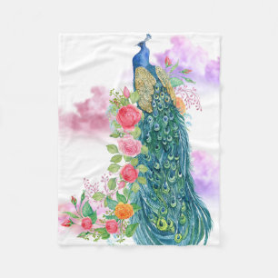 Peacock Watercolor Feather Art Blanket