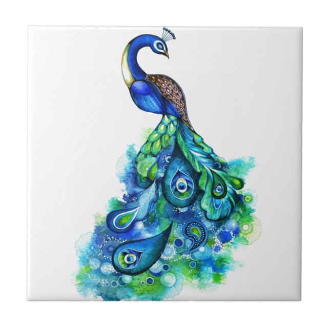 Peacock Watercolor Tile (Front)