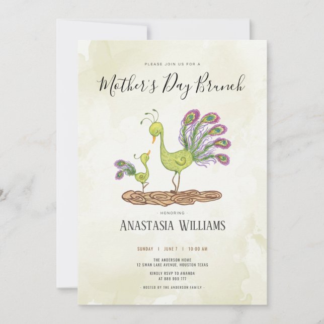 Peacock watercolour mother's day brunch invitation (Front)