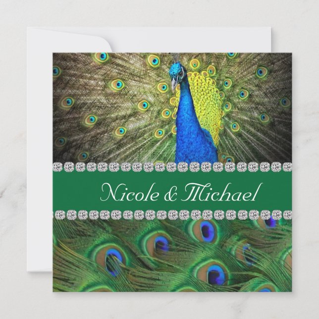 PEACOCK  WEDDING  INVITATION WITH FEATHERS & BLING (Front)