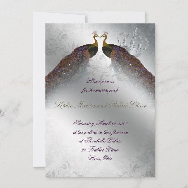 Peacock Wedding Invite PGO Silver Vintage Modern (Front)