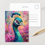 Peacock Whimsical Modern Impressionist Art Postcard<br><div class="desc">A whimsical modern impressionist painting of a peacock. The art is brought to life with bright, vibrant colours including teal, pink, and hints of gold. The peacock’s majestic feathers are expressed through abstract swirling brushstrokes, creating a sense of movement and fantasy. This dynamic piece blends bold colour choices with a...</div>