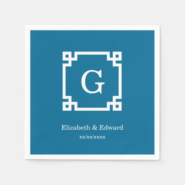 Peacock White Greek Key Framed #2 Initial Monogram Napkin (Front)