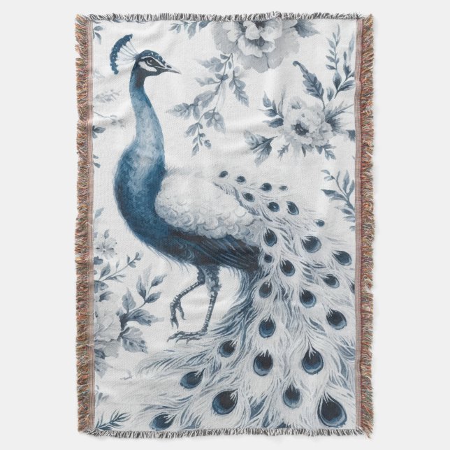 Peacock with flowers blue throw blanket (Front Vertical)