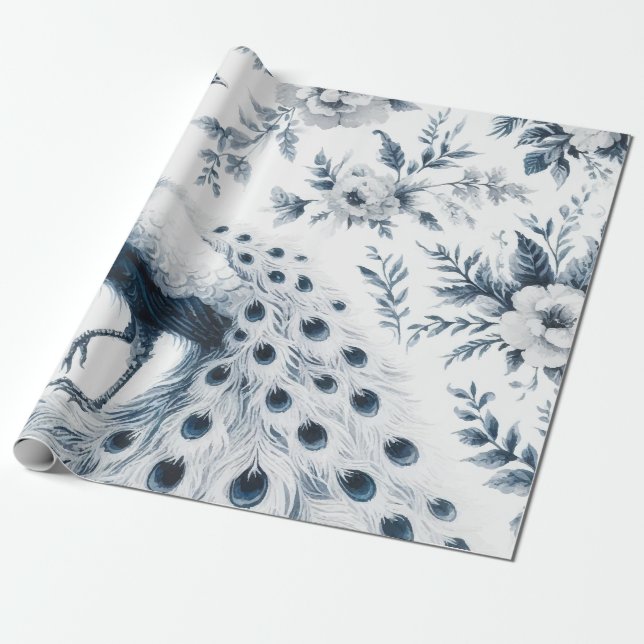 Peacock with flowers blue wrapping paper (Unrolled)