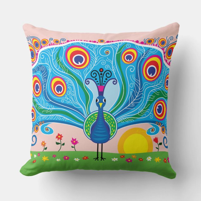 Peacock with Flowers Cushion (Front)
