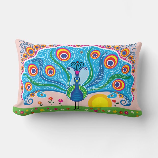 Peacock with Flowers Lumbar Cushion (Front)