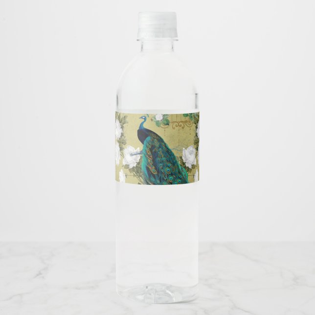 Peacock with flowers water bottle label (Front)