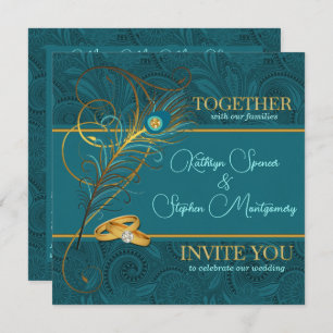 Peacock with Gold Accents Teal Wedding Invitation